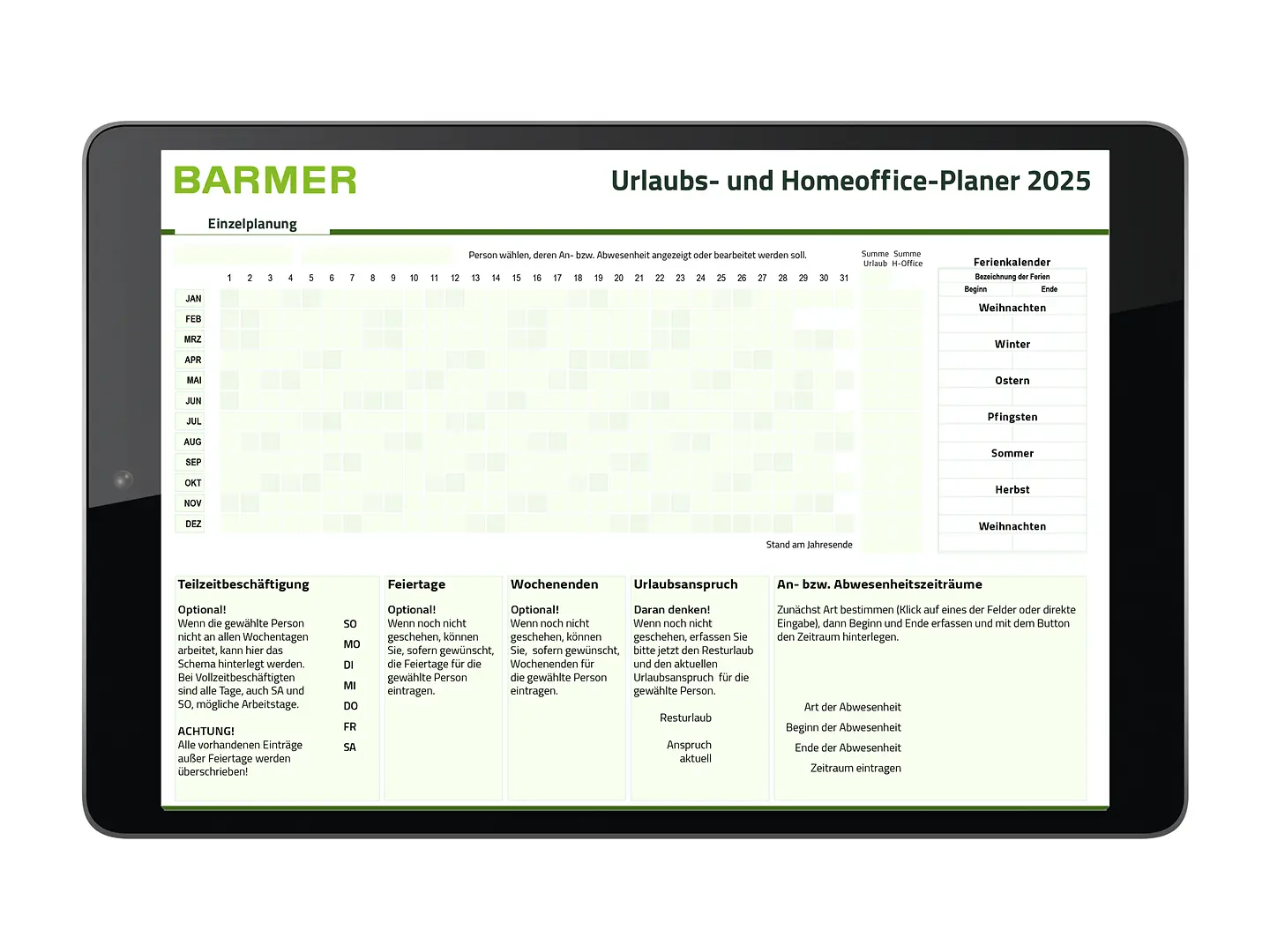 Screenshot des BARMER Urlaubs- und Homeoffice-Planer mit Jahresübersicht, Ferien und Urlaubszeiten.