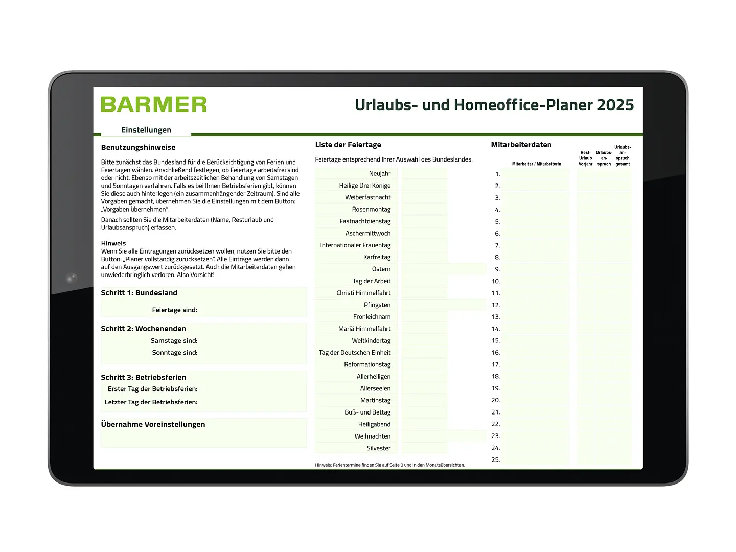 Screenshot des BARMER Urlaubs- und Homeoffice-Planer mit Benutzerhinweisen, Monaten, Feiertagen und Feldern für Mitarbeiterdaten