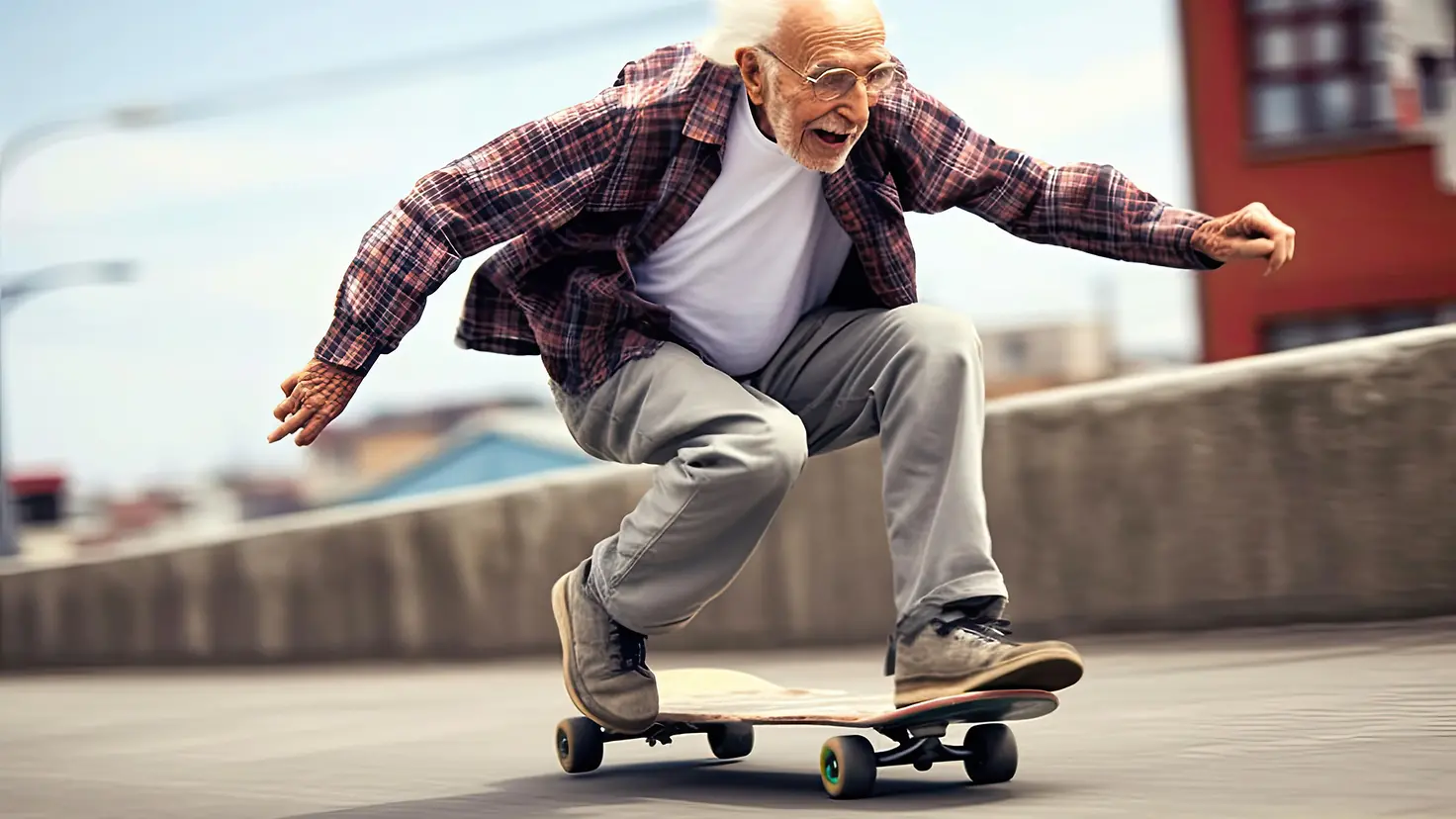 Zu sehen auf diesem AI generierten Bild ist ein älterer Mann in Hocke auf einem Skateboard.
