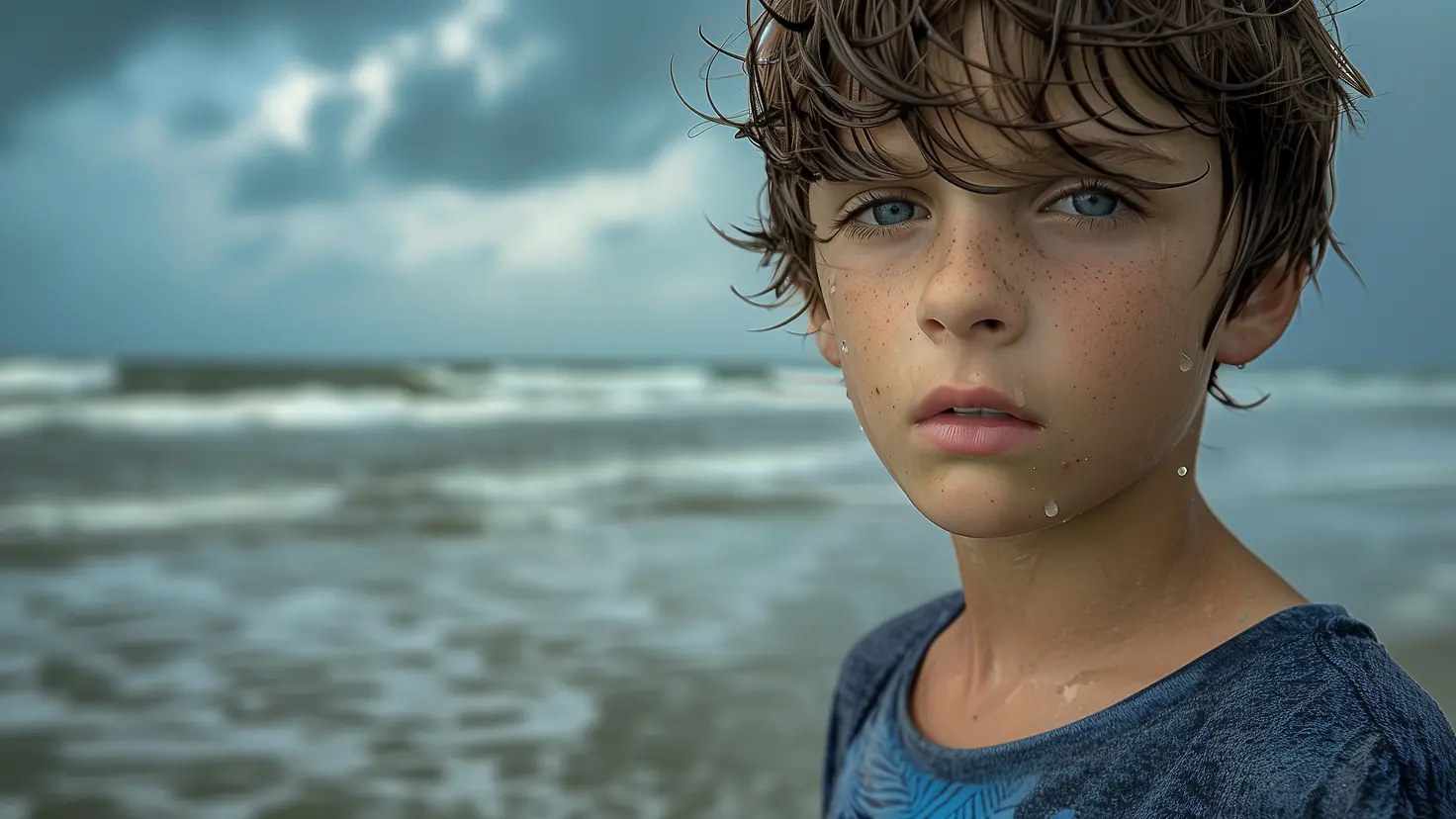 Zu sehen auf diesem AI generierten Bild ist ein Junge mit Wassertropfen im Gesicht, der vor einem Meer/Ozean steht.