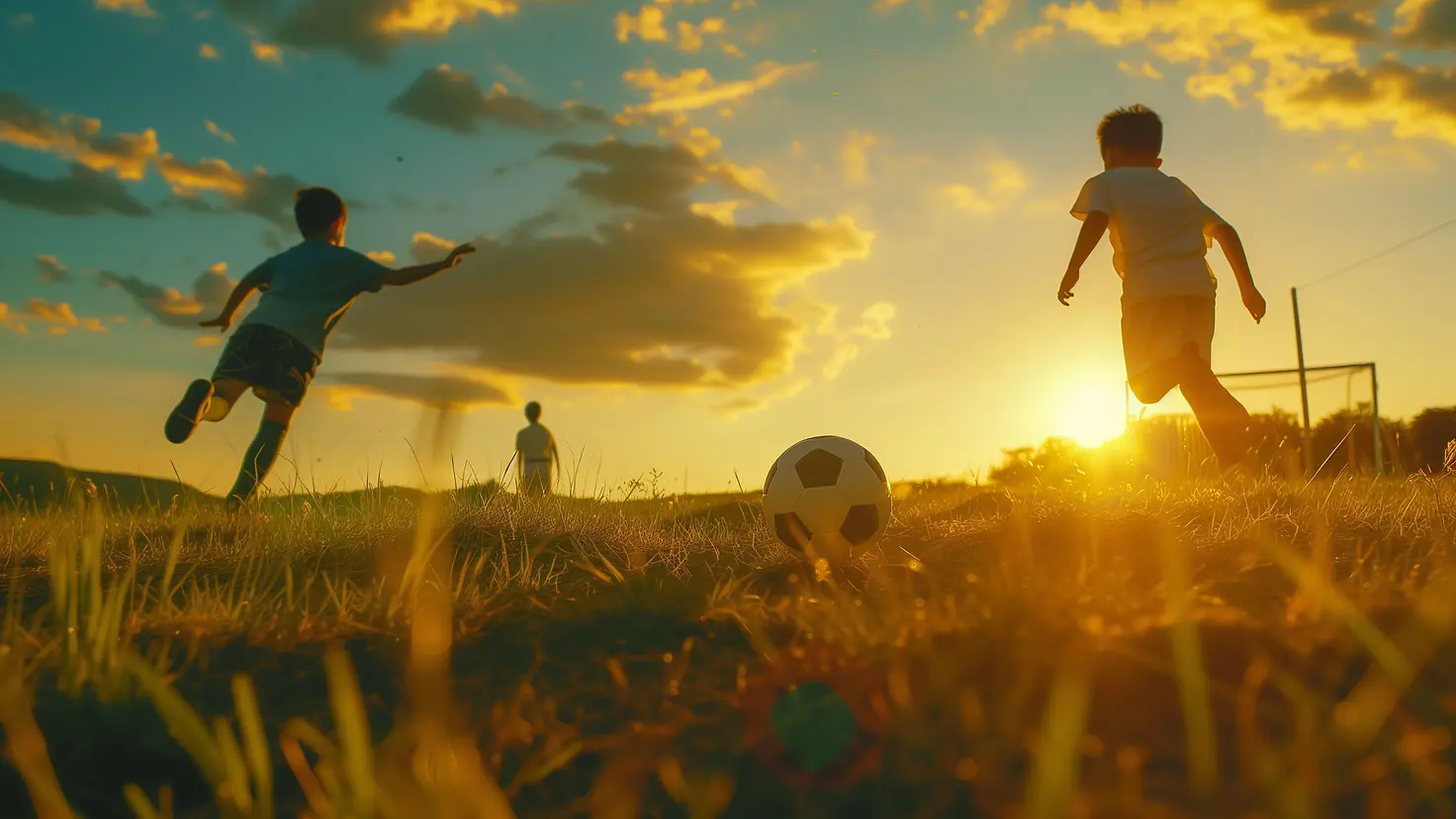 Zu sehen auf diesem AI generierten Bild ist eine Abendsituation wo vor untergehender Sonne drei Kinder Fußball auf einer Wiese spielen. 