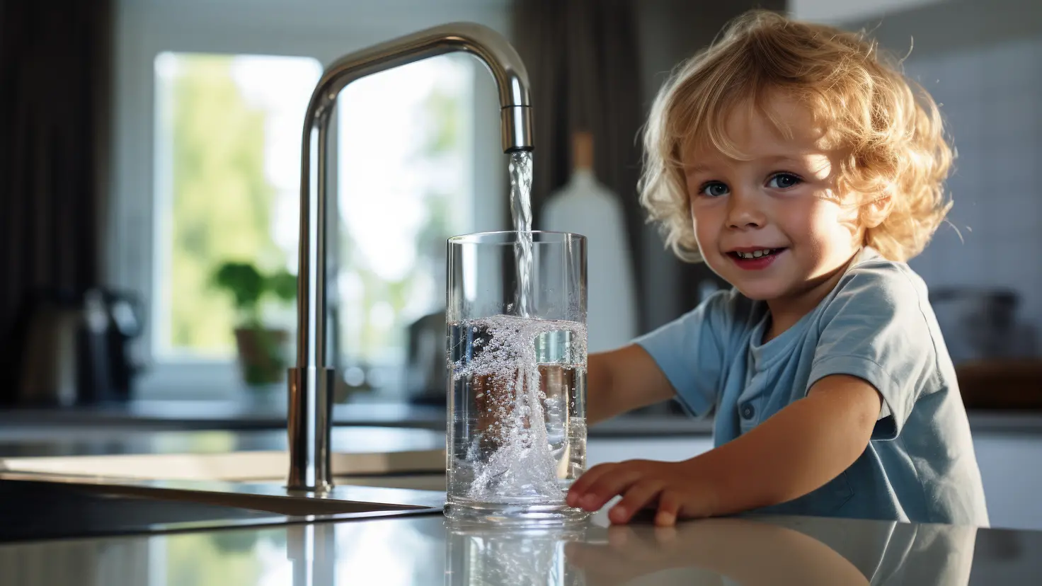 Zu sehen auf diesem AI generierten Bild ist ein dem Betrachter zugewandtes Kind, das sich gerade ein Glas Wasser am Wasserhahn füllt.