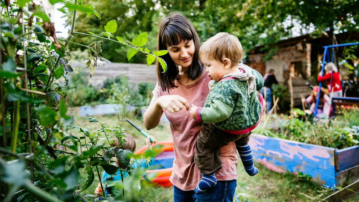 Mutter mit Kleinkind auf dem Arm isst frisch gepflückte Beeren im Garten 