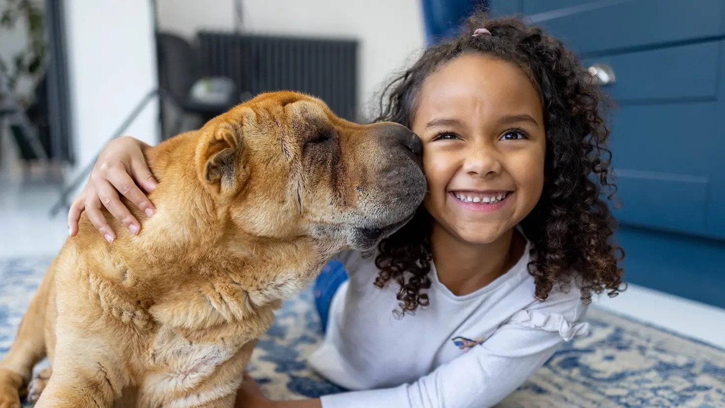 Kleines Mädchen liegt auf Teppich und umarmt ihren Hund